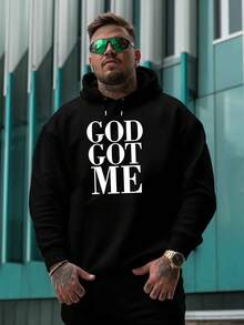Men's Loungewear God Got Me Black Sweatshirt For Men With White Print "GOD GOT ME" - Fleece Lining, Casual Streetwear, Regular Fit Long Sleeve For Autumn Winter Spring, Lined Sweatshirt, Seasonal Fashion, Durable Fabric, Urban Style, Cozy Material, Printed Sweater, Streetwear Lovers, PLUS SIZE Loose And Comfortable - 黑色 - 查看 3