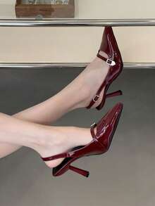 Elegant Pointed Toe High Heel Pumps, Vintage Glossy Leather Stilettos, French Style Sandals For Women,Burgundy Heels