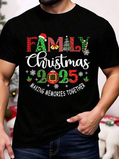 Camiseta de manga corta con cuello redondo y estampado de luces navideñas y letras de  para hombres, cómoda y casual 2025
