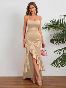 Women Summer Dress, High-End Elegant Sexy Spaghetti Strap Ruffle Hem Slit Dress Party Dress For Women, Suitable For Valentine's Day, Dates, Gatherings, Parties, Travel, Vacation, Beach Wedding Spring - Rượu sâm banh - Xem 2