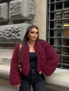 Women's Round Neck Loose Short Faux Fur Fashion Casual Jacket