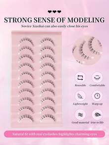 10 对凌乱自然猫眼睫毛透明带状睫毛猫眼造型纤细睫毛眼尾加长全条柔软自然逼真假睫毛条状睫毛，睫毛，睫毛，假睫毛 - 自然纖長款 - 查看 4