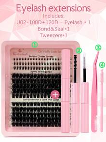 100D+120D Volume Eyelash Clusters Kit  Lash Cluster Bottom Individual Lash Extensions Wispy Individual Eyelash Extensions Kit With Lash Bond And Seal DIY Lash Clusters At Home - Pink - View 6