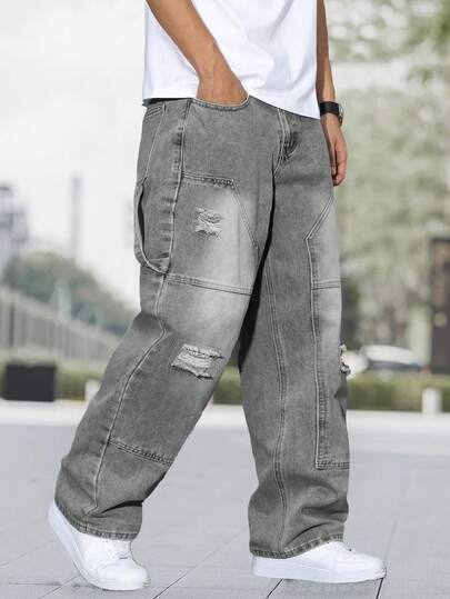 Quần jean ống rộng thêu vá thời trang nam