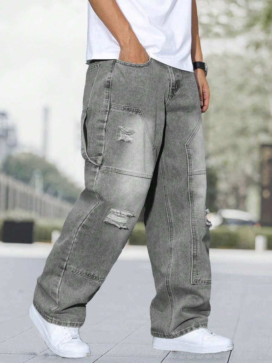Quần jean ống rộng thêu vá thời trang nam - Xám - Xem 1