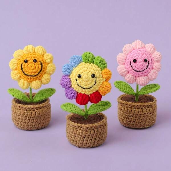 1pc Handmade Crochet Sunflower Artificial Flower Decor, 3D Petal Design With Bendable Wire Stem, Gradient Color Effect, Suitable For Graduation, Housewarming, Desk Display, Vintage Style