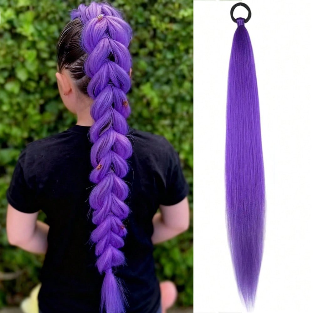 Extensiones de cabello morado de 24 pulgadas con banda elástica, cabello sintético trenzado liso para peinados de trenzas y coletas DIY