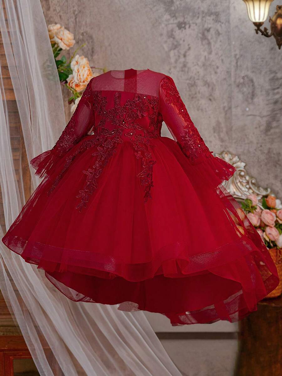 Vestido de Princesa de Cumpleaños Elegante Blanco con Manga Larga, Aplique de Lentejuelas y Malla, Adecuado para Vestido de Niña de Flores, Diadema No Incluida - Burdeos - Ver 1