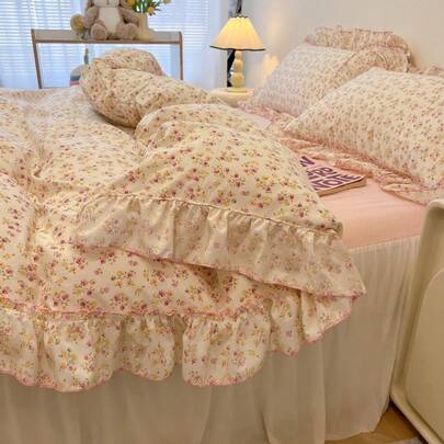 インプリンセススタイルウォッシュコットン4点セットレースガーリーハートベッドスカートベッドシーツキルトカバー寮3点寝具セット