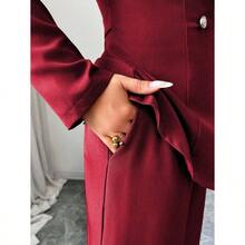 Women's Elegant Lapel V-Neck Long Sleeve Unique Design Waist Belt Buttoned High-End Blazer Jacket And Straight Wide-Leg Pants Two Pieces Suit, Suitable For Work Commute In Autumn - Màu Đỏ Sâu - Xem 6