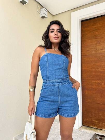 Macaquinho  Macacão Jeans Alcinhas Sem Elástico Bolsos Reais Zíper Atrás Cintura Alta