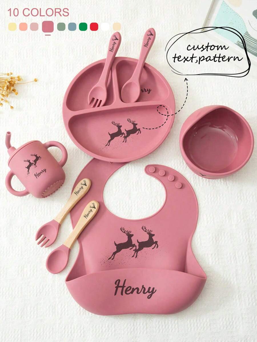 8PCS Print On Demand Custom Name Pattern Baby Silicone Tableware Set Personalized Customization Sucker Bowl Plate Leakproof Baby Cup Baby Bib Soft Spoons Forks,Cutlery Set - Multicolor - View 1