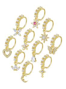 Set de 10 piezas de aros colgantes para la nariz con diseños de mariposa, corazón, luna, flor y estrella con cristales de circonia cúbica, pendientes de cartílago de tono dorado, 20G, para perforación corporal