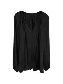 Elegant Women's Shirt, Loose V-Neck Faux Silk Satin Shirt, Balloon Sleeves And Ruched - 黑色 - 查看 8