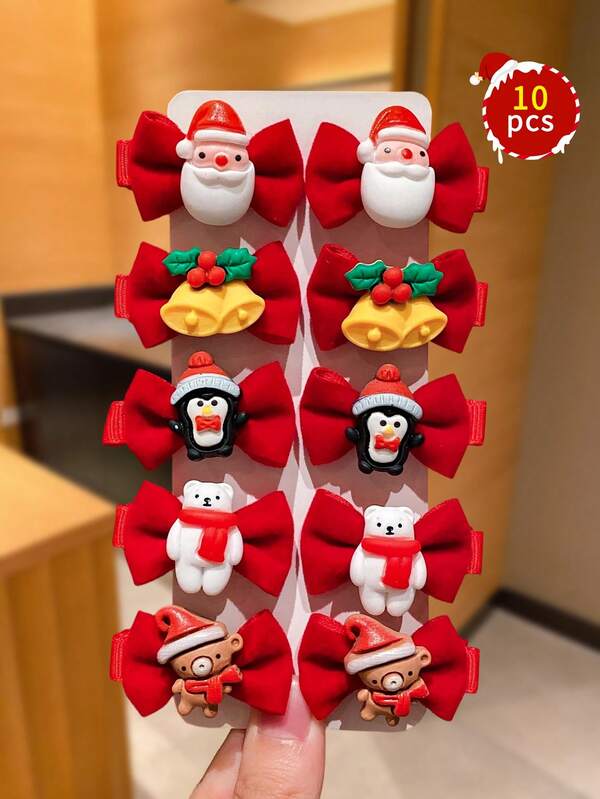 10pcs Bow Hair Clips, Includes Christmas Santa Reindeer Bell Designs, Suitable As Christmas & New Year Hair Accessory Gifts For Girls, Adding Festive Atmosphere