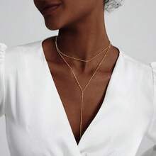 Luxval Lariat Gold Necklace For Women, Dainty Long Necklace 14k Gold Plated/Silver Y-Shaped Pendant Necklaces  Beaded Chain Drop Necklaces Jewelry For Women Gifts{"Color_name":"Gold-YSatellite"} - 黃金-Y衛星 - 查看 3