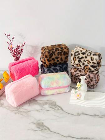 1 PC Large Capacity Leopard Print Cosmetic Organizer Bag - Spacious Makeup & Stationery Storage Case With Soft Plush Interior, Zipper Closure - For Girl, Boy, Students, Travel, School, Office - Black/Beige/ Pink/Blue/Purple/Teal/Pinkish-Blue/Pastel Green/, School Supplies, Fashionable Accessory, Durable Fabric, Travel Essentials