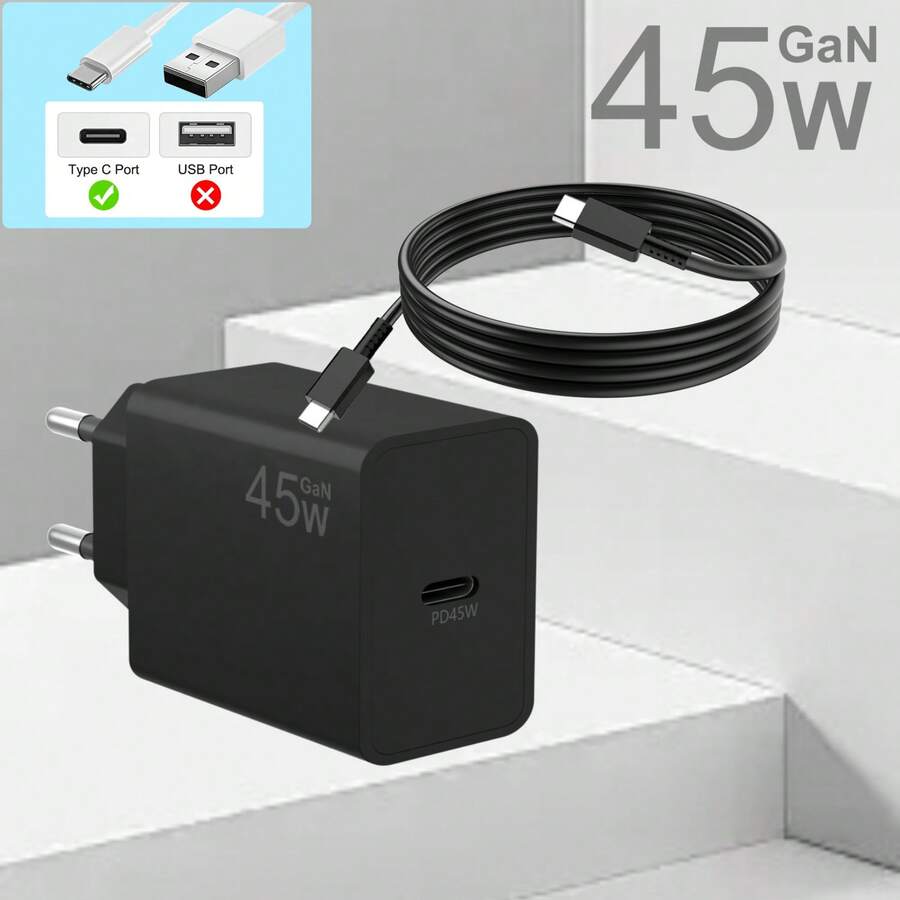 45W USB-C Wall Charger, GaN Technology Supports PPS Fast Charging, C-Type Power Adapter And Type-C To C 45W Fast Charging Data Cable, Compatible With MacBook Pro/Air, 17/16/15, IPad Pro/Air, Galaxy Tab S8/59, Pixel Etr (Black)