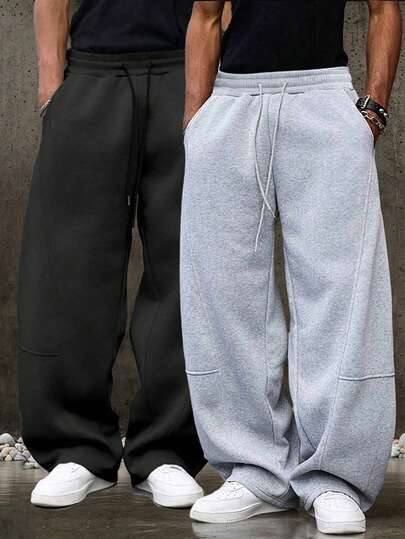 Men's Loose Wide Leg Pants, Solid Color Design With Drawstring Details, Casual Style Long Sweatpants, Thin Polyester Fabric, Versatile For Daily Wear, Jogging And Other Occasions, Suitable For Spring And Autumn