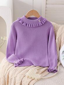 Girls' Turtleneck Long Sleeve Sweater, Casual Pearl Knit Undershirt - Purple - View 1