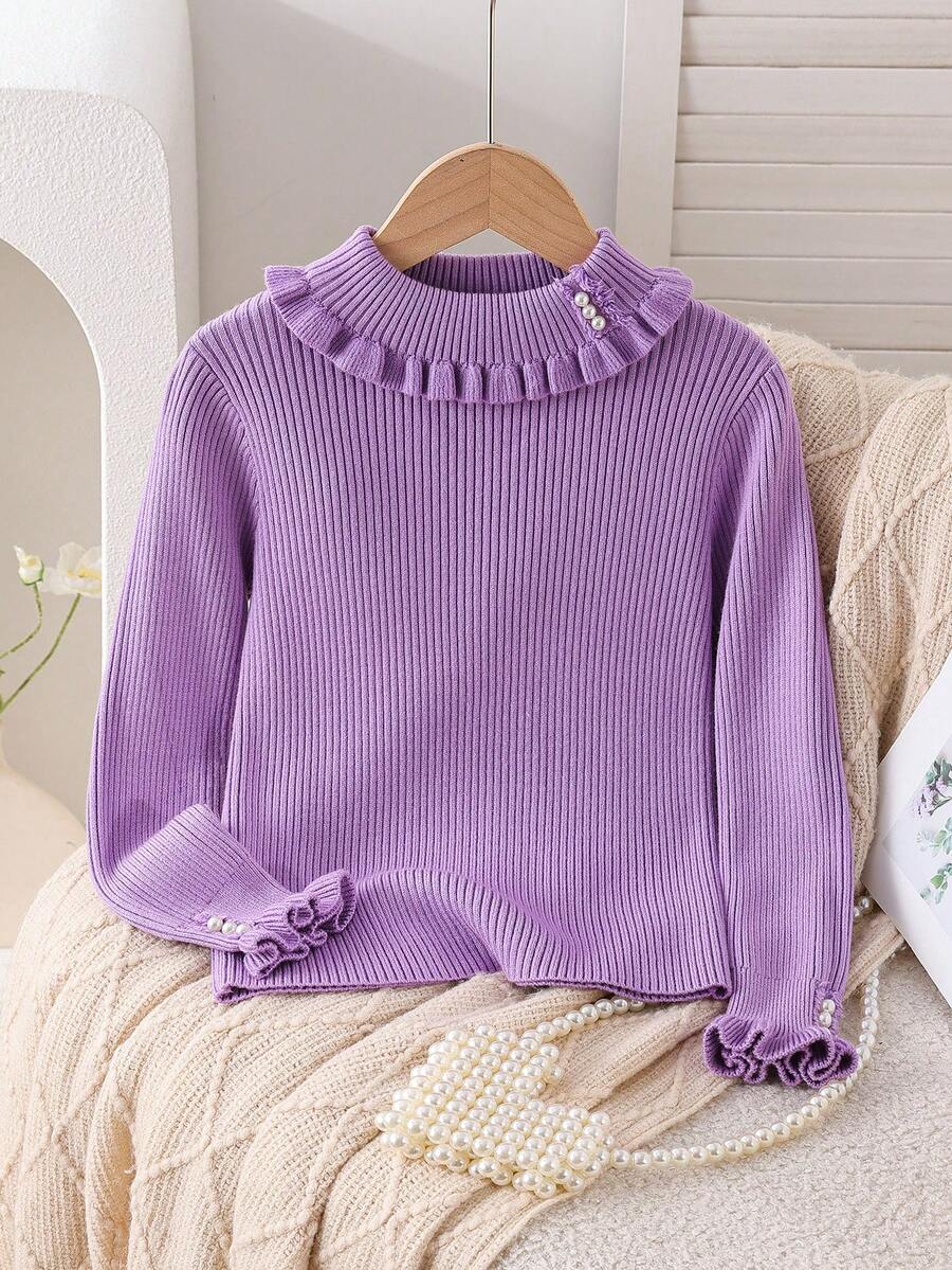 Girls' Turtleneck Long Sleeve Sweater, Casual Pearl Knit Undershirt - Purple - View 1