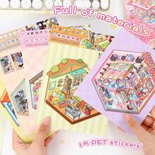 New Version Scene Sticker Book, DIY House Stickers, Includes 12 Scenes, 15 Materials, Metal Tweezers, 3D Miniature House Stickers, Landscape Stickers, Scenery Stickers, Manual Stickers, Small House Scene Stickers, Reusable, Multiple Sizes Available - Multicolor - View 6