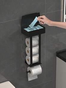 1pc Modern Design Style Wrought Iron Wall Mount Towel Rack With Storage Box - Multi-Function No Punching Bathroom Organizer For 4 Large Towels, Towel Bar/Paper Roll Holder/Phone Holder, Home Decor Accessory, Black