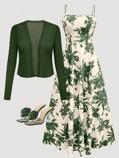 Women's Sleeveless Plaid Print Waist Flare Dress With Knit Cardigan, Bohemian Print Outfit For Date