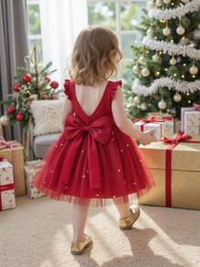 女婴短袖蝴蝶结薄纱酒红色优雅圣诞派对礼服，公主裙，适合一周岁生日派对、宴会、婚礼花童装 - 酒紅色 - 查看 11