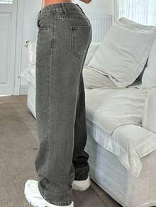 Jeans anchos de pierna ancha lavados de estilo casual para mujer, sin estiramiento, ajuste relajado, extra largos, de mezclilla gris claro lavada, de algodón, con textura cómoda, pierna ancha, versátiles, casuales, para uso diario - Gris Claro - Ver 6