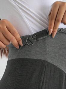 深灰色/炭灰色孕妇针织高弹阔腿裤，舒适宽松的商务休闲裤，适合工作、办公室通勤，纽扣设计，春季款 - 深灰色 - 查看 3