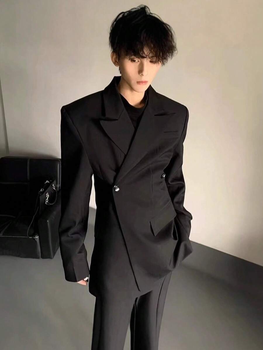 Advanced French Style Waist Cinched Three-Dimensional Silhouette Black Padded Shoulder Suit Jacket For Men's Autumn Fashion Casual Suit - màu đen - Xem 1