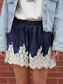 Summer Satin Mini Shorts With Lace Ruffles And Casual Shorts For Women At The Beach - Dark Blue - View 2