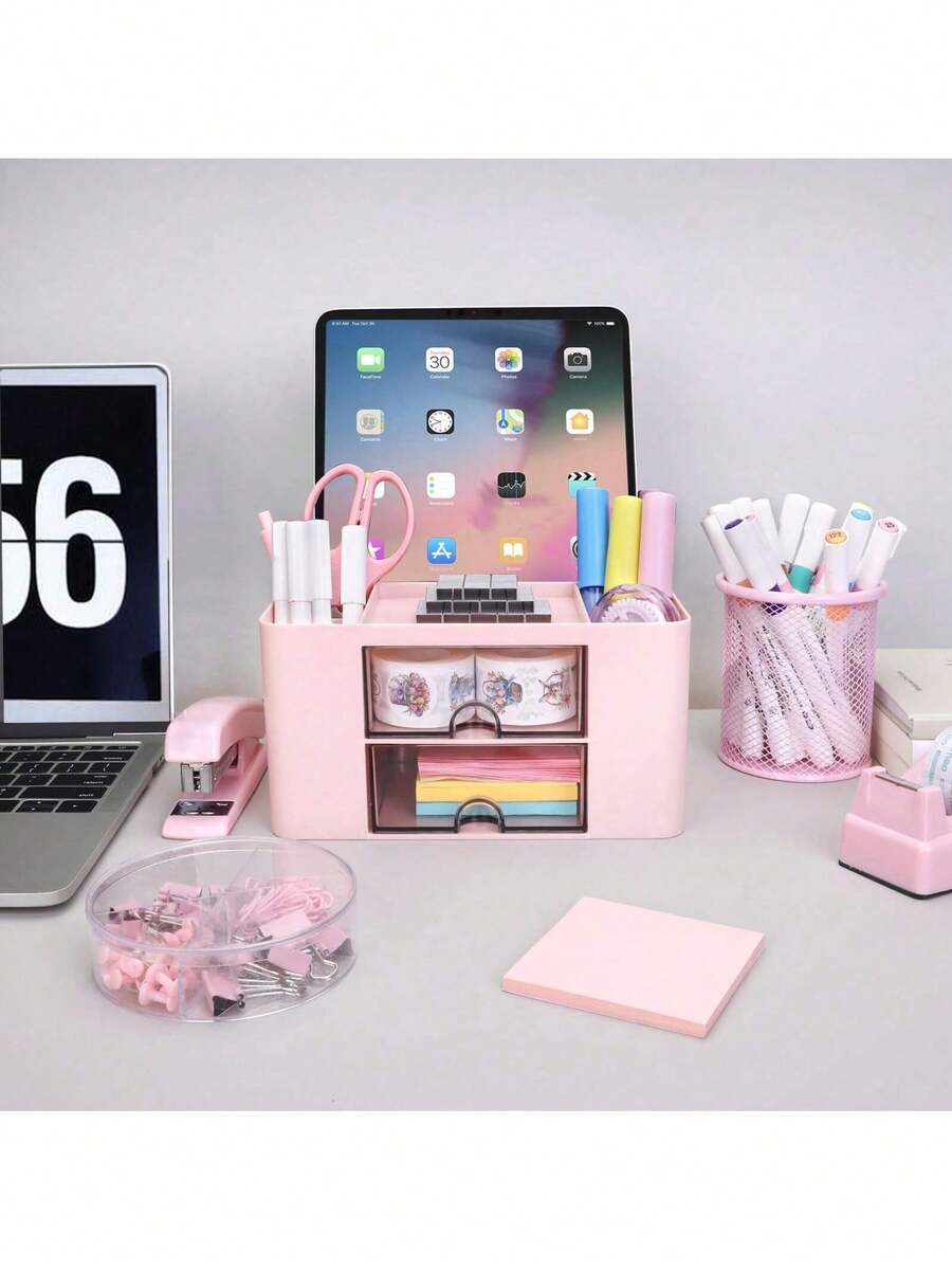 Desktop Six-Compartment Storage Box, Hair Accessory Storage Box, Student Dormitory Storage Box, Drawer Planner Partition Storage Box - Pink - View 1