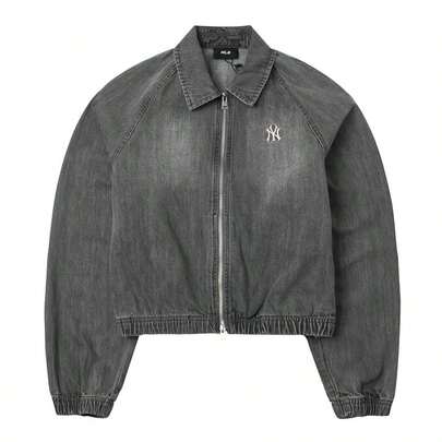 MLB Chaqueta corta con cremallera y logo universitario para mujer, chaqueta de estilo universitario de 100% algodón, color gris