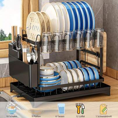 Senmeo 2-Layer Sturdy Stainless Steel Dish Rack With Drip Tray - Consists Of Utensil Holders & Cup Hooks, Space-Saving Black Countertop Dish Drying Rack, Adjustable Shelves For Plates, Pots, Pans, Glasses (No Electricity Required, Stable Kitchen Organizer)