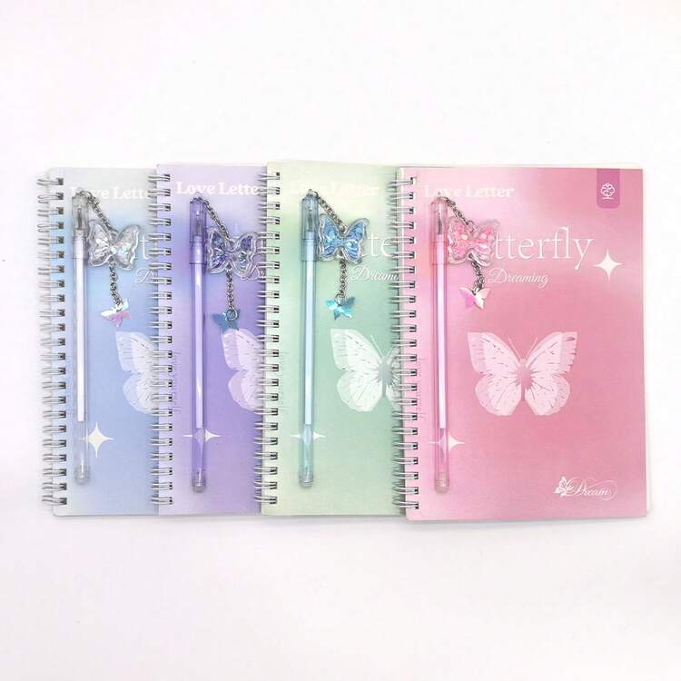 A5 Spiral Notebook + Butterfly Ballpoint Pen, With Double Coils - 60 Pages Per Book, Elegant Love Letter And Butterfly Design, Lined Paper Diary Notebook, Ideal As Gift, Girls' Journal, Office Or School Supplies - Multicolor - View 9