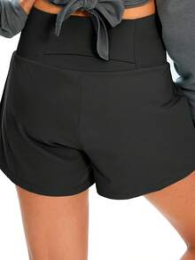 1pc Women Solid Color 2 In 1 Pocket Tight & Lift Sports Shorts, Comfortable & Versatile Nylon Shark Skin Tennis Shorts For Summer - màu đen - Xem 2