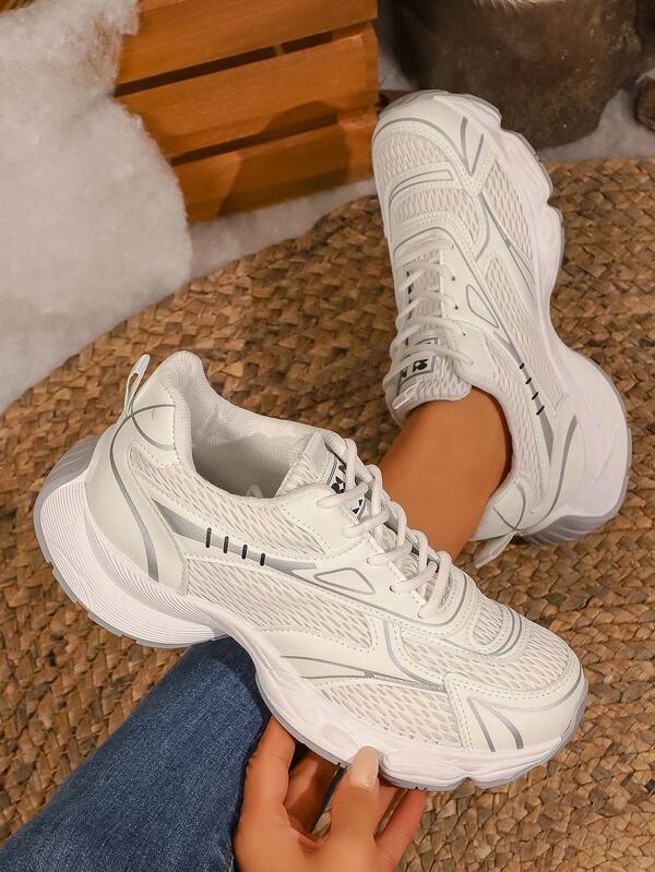 Damen modische Plateau-Chunky-Sneaker, atmungsaktive Mesh-Lässig-Sportschuhe, vielseitig für Frühling, Herbst, alle Jahreszeiten, College-Stil, Outdoor