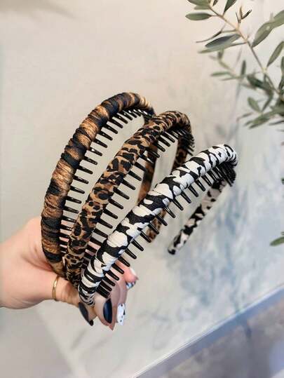 4pcs Women's Fashionable Leopard Print Headband, Special Press Card Anti-Slip Headband For Face Washing, Toothed Anti-Slip Headband, Hairpin Hair Tie, Hair Travel Braid, Plastic Special Face Wash Headband, Hair Accessory Hair Tie, Casual Style Is Simple, Very Suitable For Daily Wear