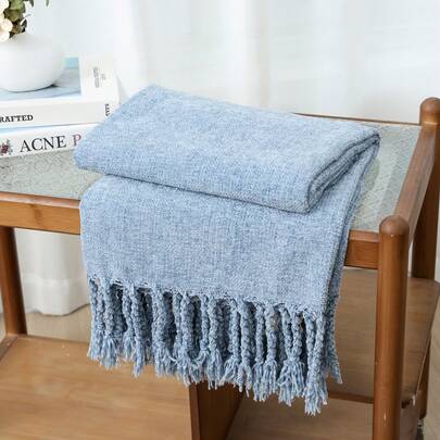 1pc Rectangular Dual-Tone Plaid Woven Sofa Blanket, Casual Polyester Fringe Throw Blanket Suitable For Office Nap, Daily Use