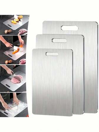 3pcs Thickened Stainless Steel Cutting Boards - Double-Sided Kitchen Chopping Boards Suitable For Meats, Fruits, And Vegetables, These Boards Are Dishwasher- And Knife-Friendly. Ideal For Home Kitchens, Restaurants, And Hotels