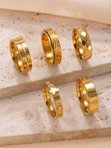 5pcs Minimalist Cross Design Rings Set With Rhinestones, Matte & Polished Finish, Suitable For Teens & Young Adults Daily Wear