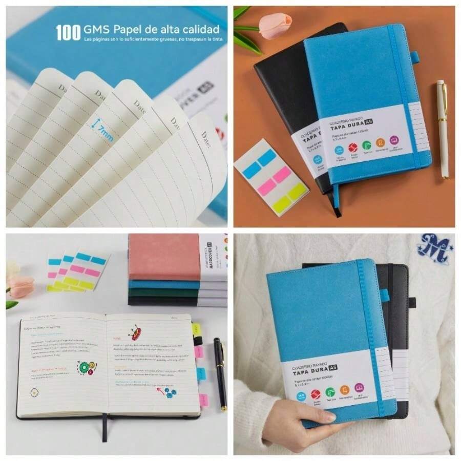 Cuaderno Tapa Dura A5 Para Escribir, Paquete De 2 Diarios, Cuaderno De Cuero, Papel Rayado De G, Para El Trabajo, La Escuela, Notas Y Diarios. Negro+ Verde - Negro + azul - Ver 1