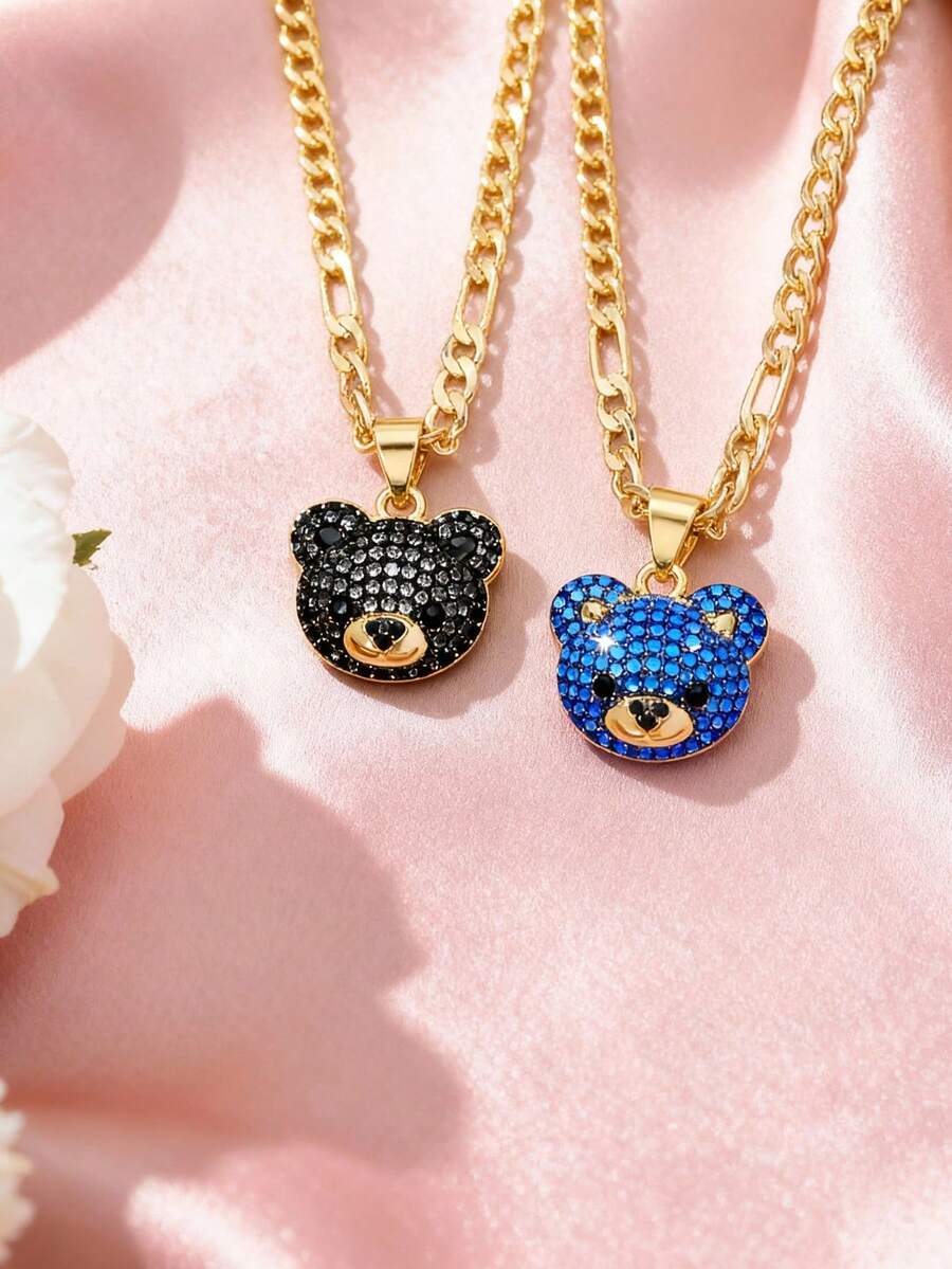 1 Exquisite And Elegant Shiny Blue Cute Little Bear & Silver And Black Cute Little Bear Copper Pendant Copper Inlaid Zirconia Necklace, Suitable For Giving To Girls/Boys/Family/Friends/Versatile/Light Luxury/Party/Banquet/Festival/Christmas/Thanksgiving/Halloween/Gift