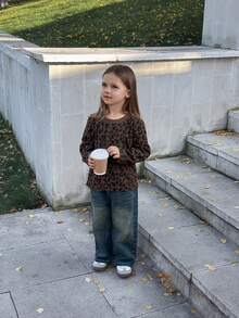 DAZY 女童豹纹圆领长袖休闲宽松T恤