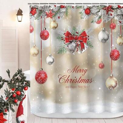 Elegant Shower Curtain, Christmas Baubles Design, 60/66x72 Inch Waterproof Polyester Fabric, Machine Washable With 12 Hooks, Modern Bathroom Decor, Bathroom Decor Gift, Shower Curtain Sets For Bathrooms, Christmas Halloween Thanksgiving Holiday Gift Item And Decorations
