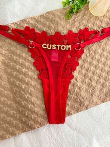 1pc Personalized Name Customized Thong, Crystal Letter Rhinestone Decor Tanga Panty, Floral Embroidery T-Back G-String Lingerie, Seamless - Red - View 3