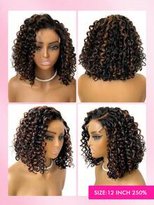 WOWANGEL 1B/30 高光卷发波波头假发，真人发，250 密度，5x5 渐变色逼真蕾丝闭合假发，女士渐变色逼真蕾丝闭合假发，短款杰瑞卷假发，预先拔毛，带婴儿发，100% 真人发 - 間色和鋼琴色 - 查看 2