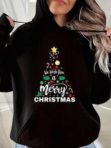 Te deseamos una Feliz Navidad Sudadera con capucha navideña vintage y divertida con árbol de Navidad - Negro - Ver 5